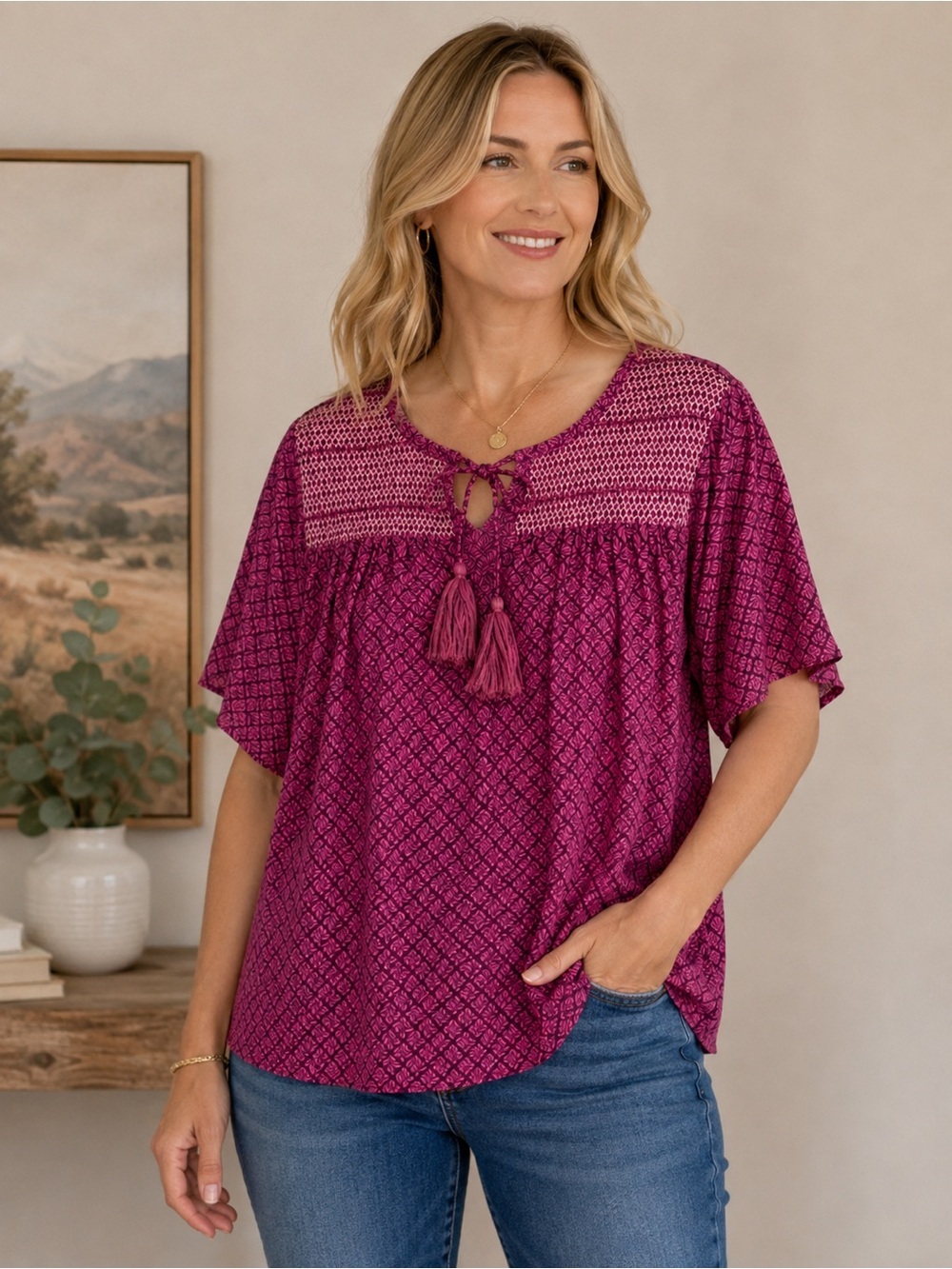 Evereve Magenta Printed Tassel Tie Boho Peasant Top